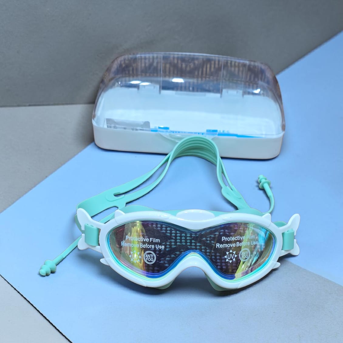 UV-Protected Anti-Fog Swimming Goggles with Attached Ear Plugs