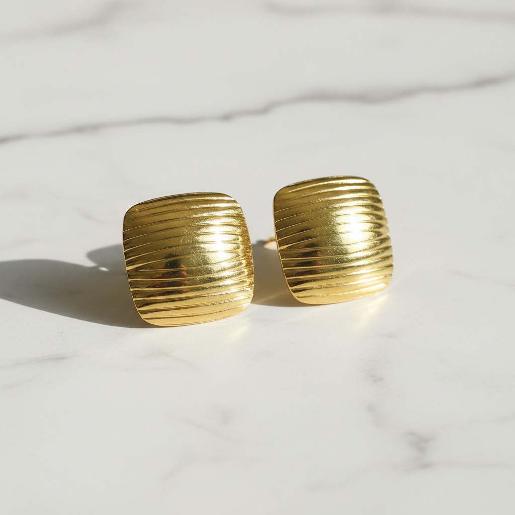 Gold Ribbed Square Stud Earrings