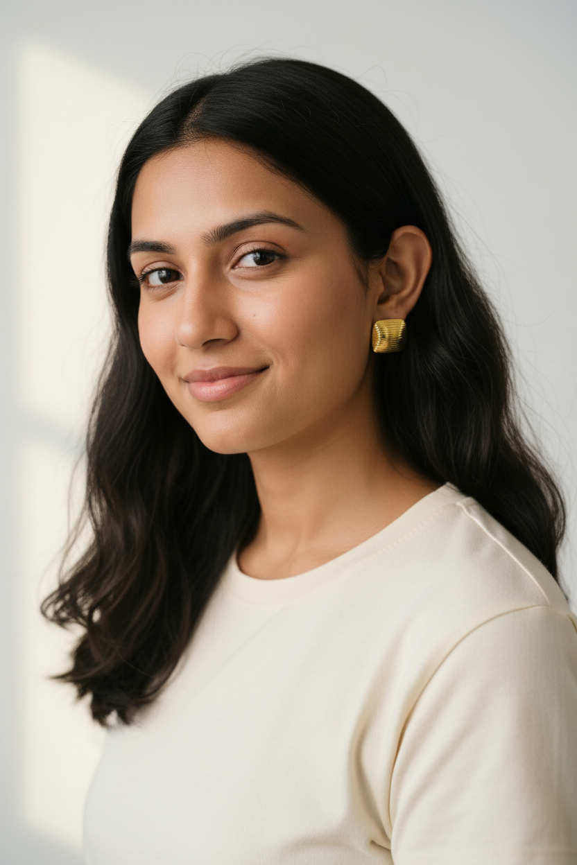 Gold Ribbed Square Stud Earrings