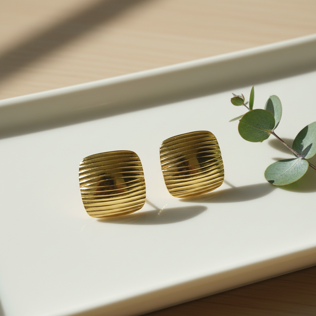 Gold Ribbed Square Stud Earrings