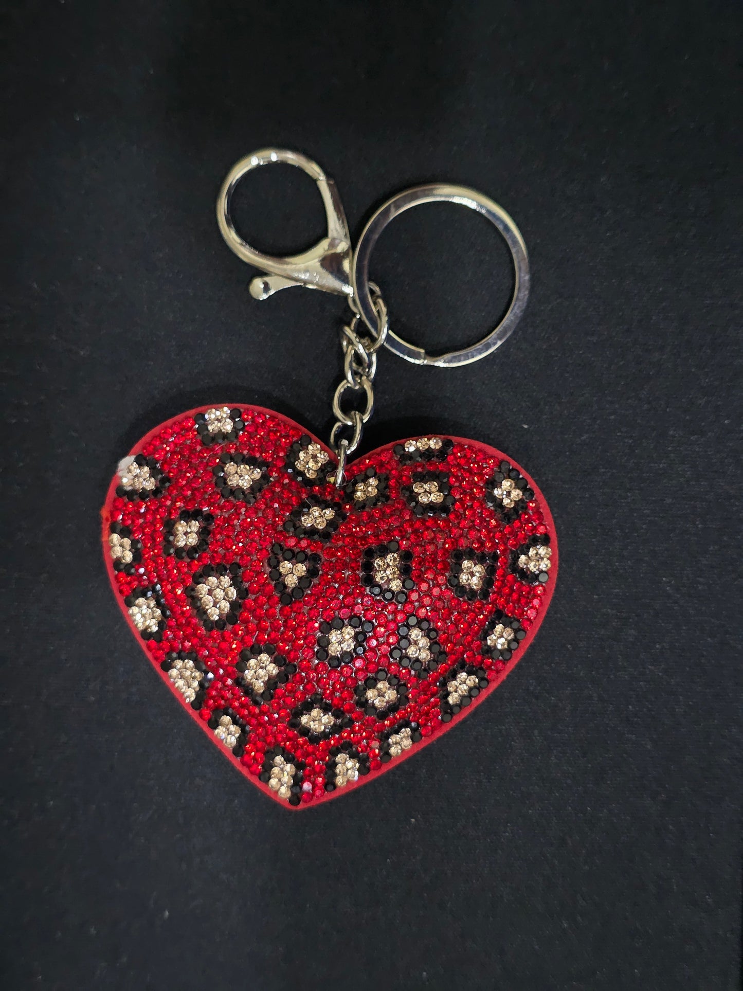 Red Leopard Print Rhinestone Heart Keychain