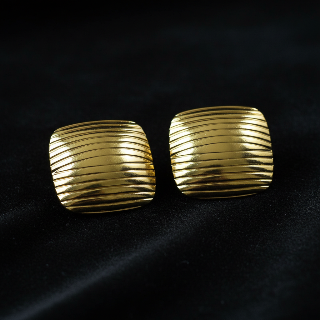 Gold Ribbed Square Stud Earrings