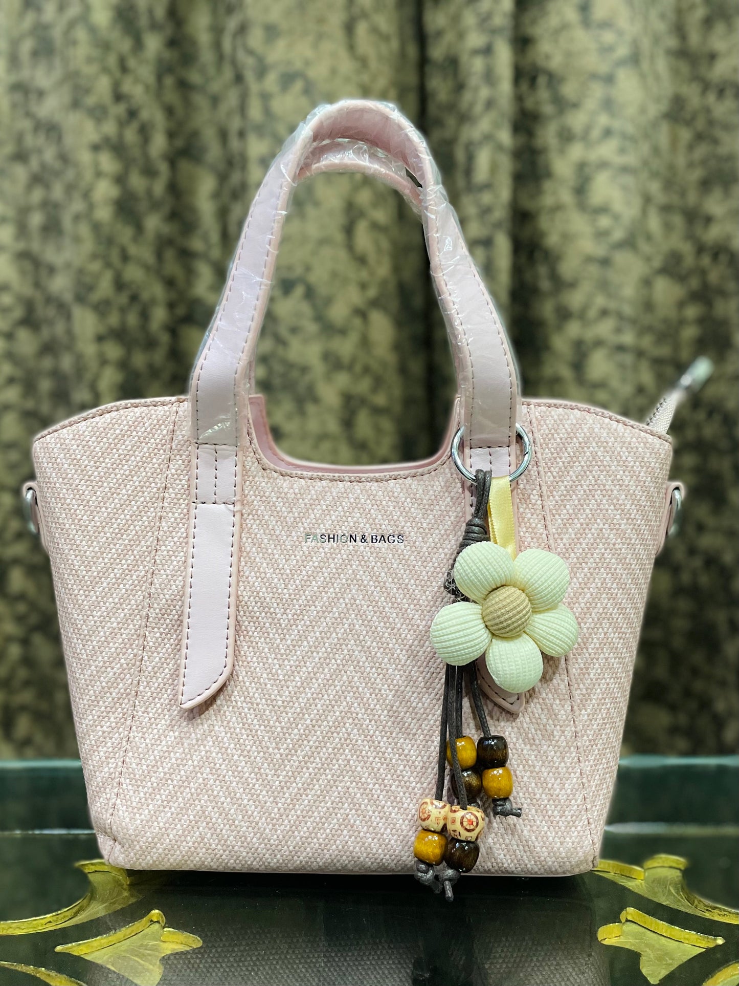 Blush Pink Handbag with Flower Charm & Sling Belt