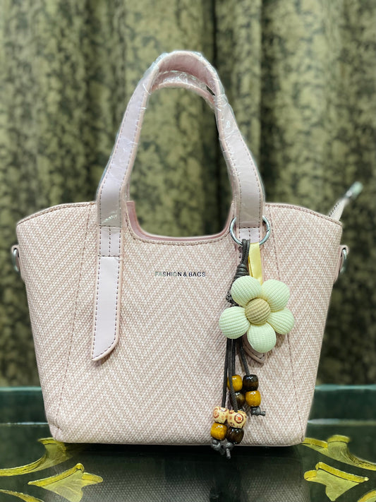 Blush Pink Handbag with Flower Charm & Sling Belt
