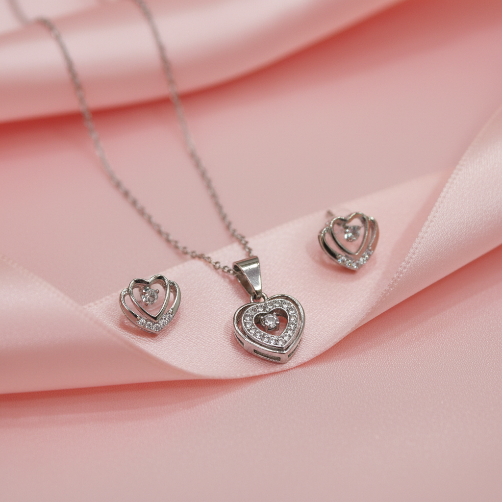 Silver Heart Crystal Jewellery Set – Necklace & Earrings