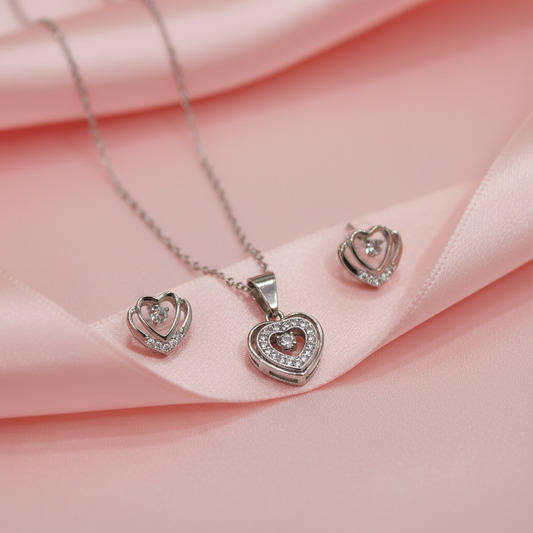 Silver Heart Crystal Jewellery Set – Necklace & Earrings
