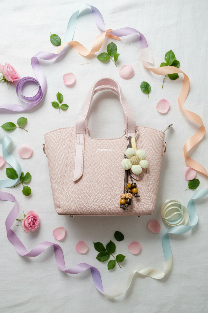 Blush Pink Handbag with Flower Charm & Sling Belt